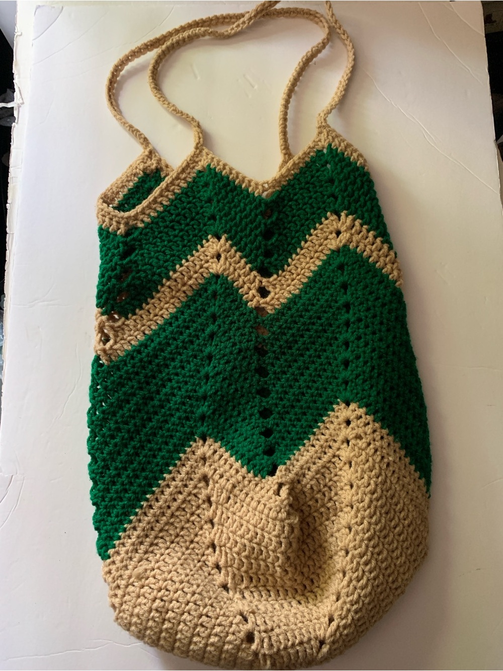 Green and Beige Chevron Crochet Shoulder Tote